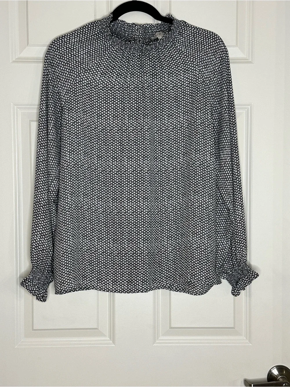 LOFT Sage/Gray Smocked-Neck Printed Blouse